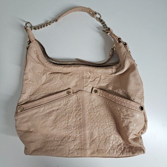Tre Vero Beige‎ Leather Shoulder Bag Tan Chain Strap Pockets 10"x13.5" - Picture 14 of 14